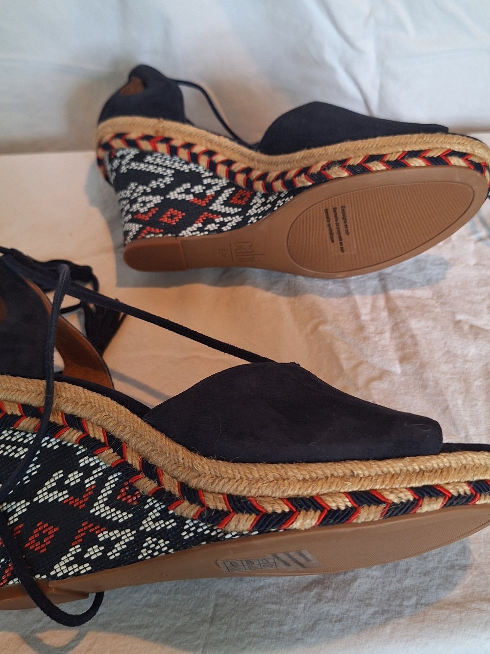 Women’s Navy Suede Open Toe Espadrille Wedge Sandals with Ankle Ties. - Picture 3 of 4
